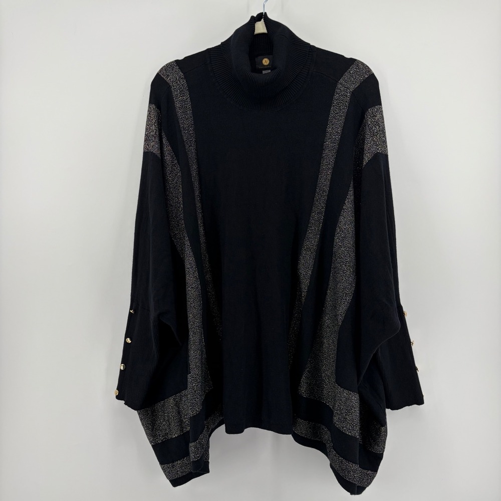 JM Collection 2X‎ Black Sweater Poncho Metallic Stripe Turtleneck Gold Button